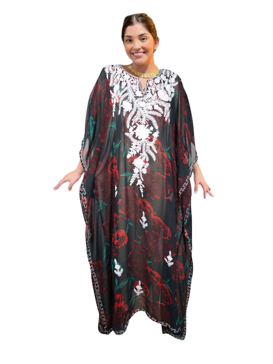 Black Floral Embellished Caftan – Flowing Maxi Kaftan Dress L-4XL