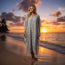  White & Gray Embroidered Caftan – Elegant Women’s Cruise Kaftan Dress  L-4XL