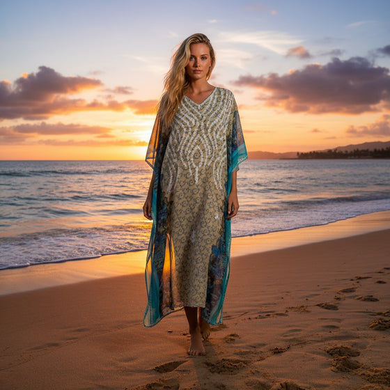 Beige Embroidered Kaftan – Flowy Boho Maxi Muumuu Dress for Women L-4XL