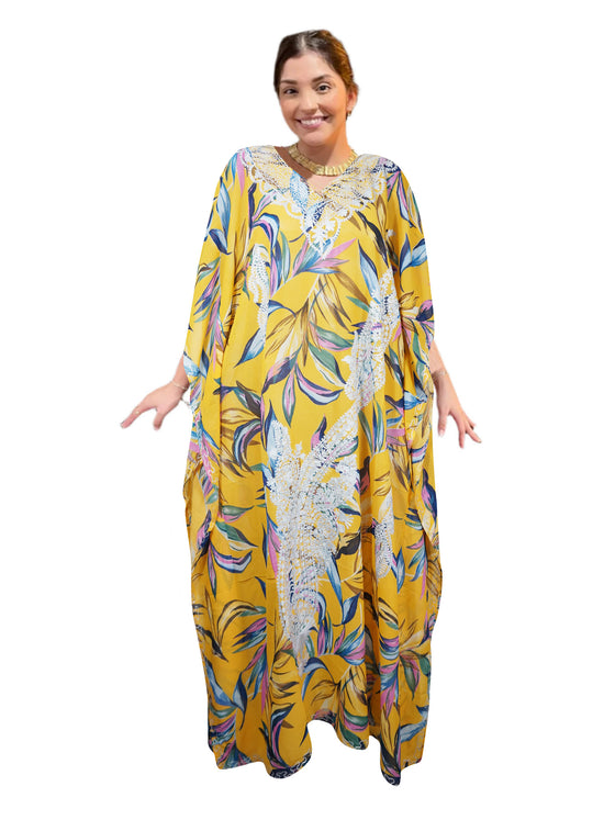 Yellow & White Embroidered Caftan – Light & Breezy Women’s Summer Dress L-4XL
