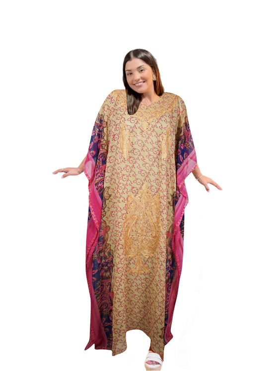 Embroidered Orange-Beige Kaftan – Elegant Cruise Maxi Dress L-4XL