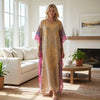 Embroidered Orange-Beige Kaftan – Elegant Handcrafted Boho Cruise Maxi Dress L-4XL