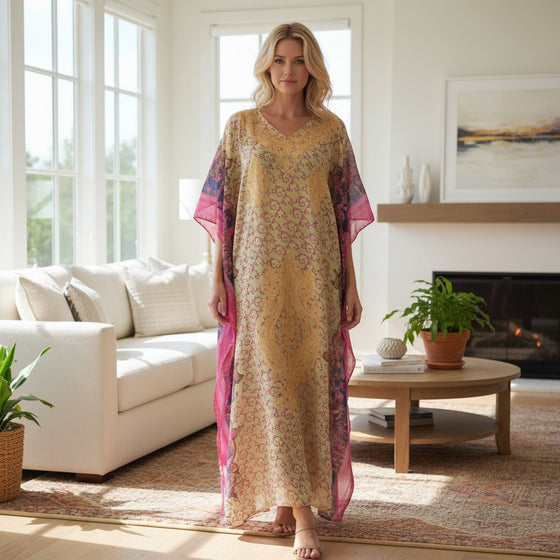 Embroidered Orange-Beige Kaftan – Elegant Handcrafted Boho Cruise Maxi Dress L-4XL