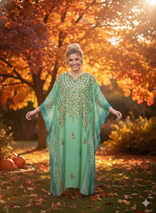  Women’s Green Kaftan Maxi Dress – Sheer Retro Resort Wear & Boho Maxi dress One size