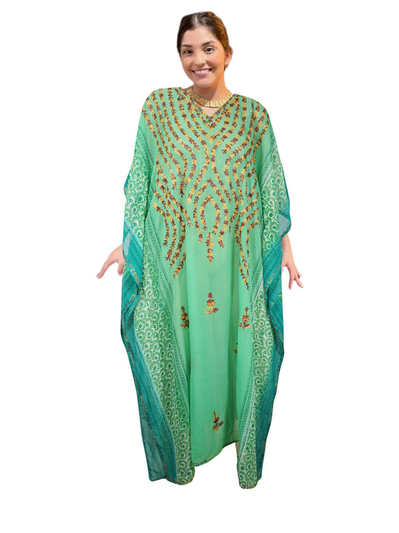 Women's Green Kaftan Maxi Dress – Retro Sheer Resort Wear Maxidresses One size