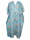 Womens Maxi Kaftan Dress, Cotton Blue floral Print Beach Maxi Dresses L-3X