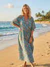 Women’s Cotton Kaftan – Blue Floral Boho Maxi for Lounging & Vacation Style  L-3X