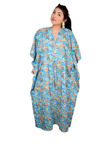  Women's Blue Floral Cotton Kaftan – Boho Maxi Beach Dress & Lounge Wear L-3X