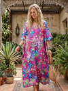Women’s Pink Floral Cotton Kimono Caftan – Boho Beach Maxi Dress & Lounge Kaftan L-3X