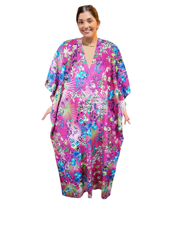 Women's Pink Floral Cotton Kimono Caftan – Boho Beach Maxi Dress & Lounge Kaftan L-3X
