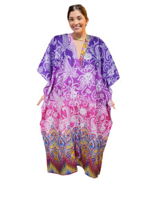  Women's Purple Paisley Cotton Caftan – Boho Travel Maxi Dress & Beach Kaftan L-3X