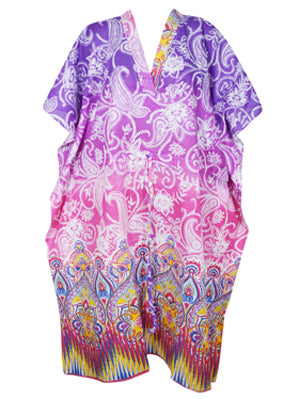 Women's Travel Caftan Maxi Dress, Cotton Purple Paisley Print Kaftan Beach Dresses L-3X