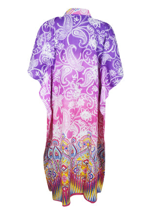 Women's Travel Caftan Maxi Dress, Cotton Purple Paisley Print Kaftan Beach Dresses L-3X