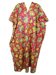  Women's Travel Caftan Maxi Dress, Cotton Floral Red Print Kaftan Beach Dresses L-3X