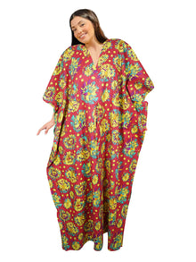  Women’s Cotton Travel Caftan Maxi Dress – Red Floral Print Kaftan for Beach & Resort L-3X