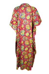 Women's Travel Caftan Maxi Dress, Cotton Floral Red Print Kaftan Beach Dresses L-3X