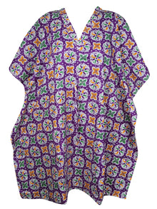  Boho Cotton Summer Kaftan Dress, Purple Paisley Print Beach Short Caftan Dresses L-3X