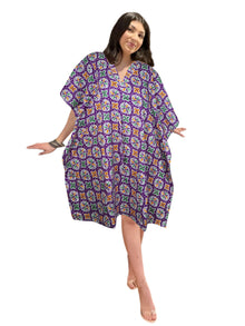  Boho Cotton Summer Kaftan Dress Purple Paisley Print Beach Short Caftan Dresses L-3X