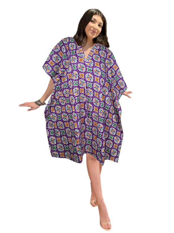 Boho Cotton Summer Kaftan Dress Purple Paisley Print Beach Short Caftan Dresses L-3X