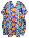 Womens Cotton Short Kaftan, Blue Floral Print Short Beach Cover up Caftan Dress L-3X