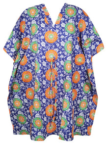  Womens Cotton Short Kaftan, Blue Floral Print Short Beach Cover up Caftan Dress L-3X