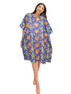 Womens Cotton Short Kaftan, Blue Floral Print Short Beach Cover up Caftan Dress L-3X