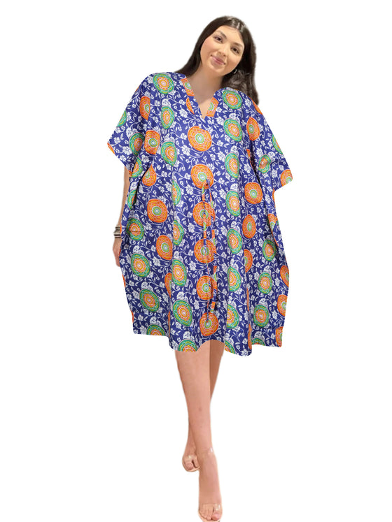 Womens Cotton Short Kaftan, Blue Floral Print Short Beach Cover up Caftan Dress L-3X