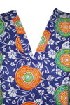 Womens Cotton Short Kaftan, Blue Floral Print Short Beach Cover up Caftan Dress L-3X