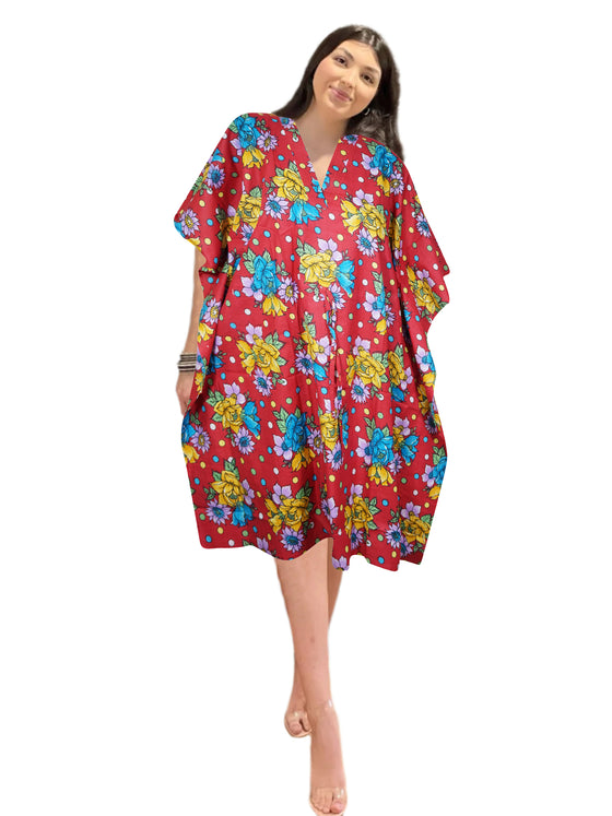Women's Short Caftan, Cotton Muumuu, Red Floral, Kaftan Beach Cover up L-3X