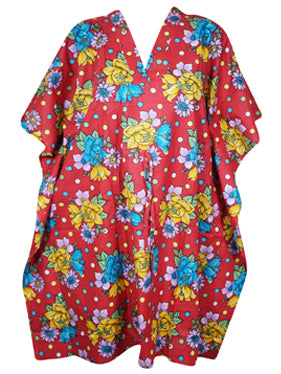 Women's Short Caftan, Cotton Muumuu, Red Floral, Kaftan Beach Cover up L-3X