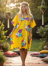Bright Yellow Floral Kimono Dress – Cotton Short Kaftan Beach Cover Up  L-3X