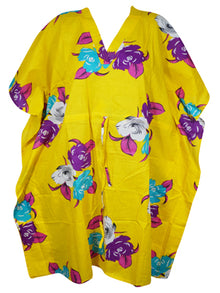  Floral Kimono Dress, Bright Yellow Cotton Floral Short Kaftan Dresses L-3X