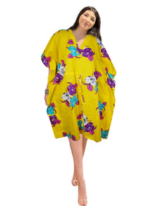  Floral Kimono Dress Bright Yellow Cotton Floral Short Kaftan Dresses L-3X