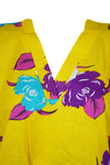 Floral Kimono Dress, Bright Yellow Cotton Floral Short Kaftan Dresses L-3X