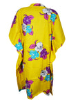 Floral Kimono Dress, Bright Yellow Cotton Floral Short Kaftan Dresses L-3X