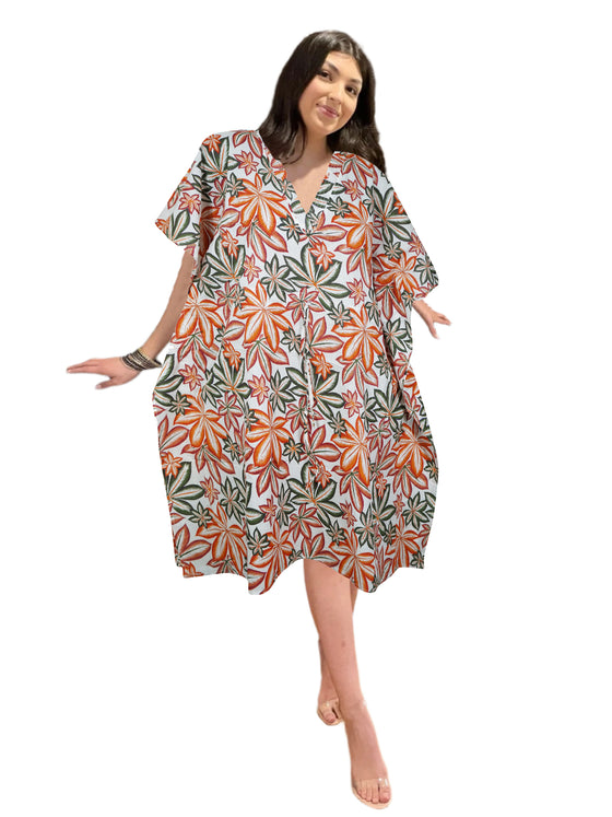 Womens Beach Cover Up Kimono Dress Colorful Floral Print Cotton Caftan Dresses L-3X