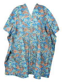  Womens Cotton Kaftan, Blue Floral Beach Cover up, Short Caftan Dress L-3X