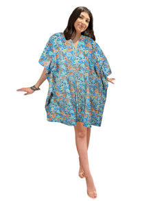  Women's Blue Floral Cotton Kaftan – Short Boho Beach Cover-Up Dress L-3X