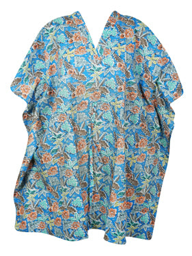 Womens Cotton Kaftan, Blue Floral Beach Cover up, Short Caftan Dress L-3X