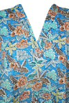 Womens Cotton Kaftan, Blue Floral Beach Cover up, Short Caftan Dress L-3X