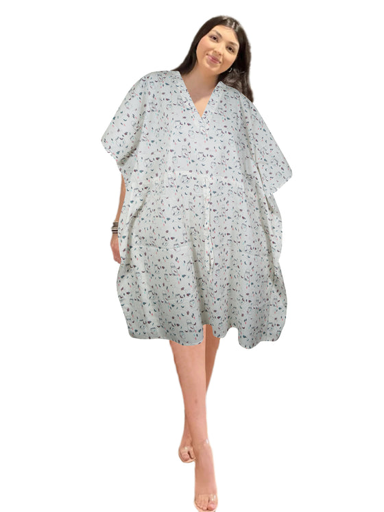 Women Short Kaftan Dress White Floral Print Dresses Beach Cover up Resort wear, L-3X