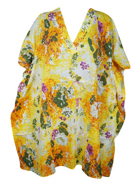 Women's Boho Kimono Caftan, Cotton, Floral Yellow, House Dresses L-3X