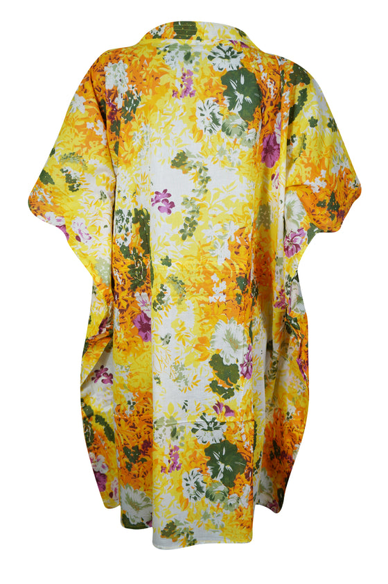 Women's Boho Kimono Caftan, Cotton, Floral Yellow, House Dresses L-3X