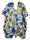 Women's Boho Caftan Short Dress, Blue Floral Cotton Kaftan Dresses L-3X