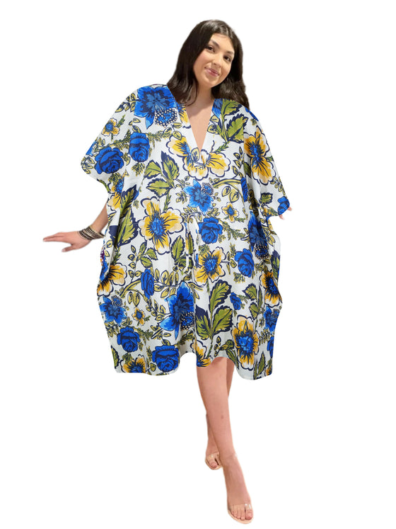 Womens Summer Muumuu, kaftan Dress, Cotton Blue Floral Kimono Dresses L-3X