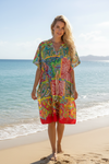 Women’s Boho Cotton Kaftan Dress – Green & Red Floral Print Midi Caftan  S/M/L