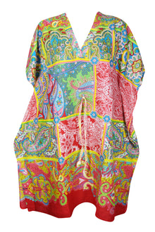 Boho Cotton Summer Kaftan, Multicolor Paisley Beach Short Caftan Dresses L-2X