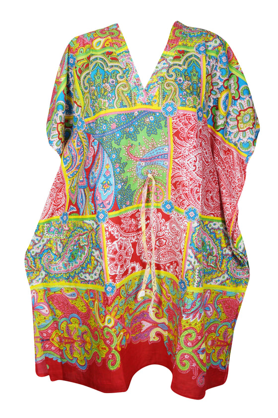 Boho Cotton Summer Kaftan, Multicolor Paisley Beach Short Caftan Dresses L-2X