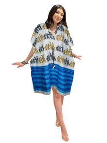  Women's Purple Printed Cotton Kaftan – Short Boho Beach Cover-Up Dress L-2X