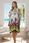 Women’s Boho Cotton Kaftan Dress – Colorful Peacock Print Midi Caftan  S/M/L